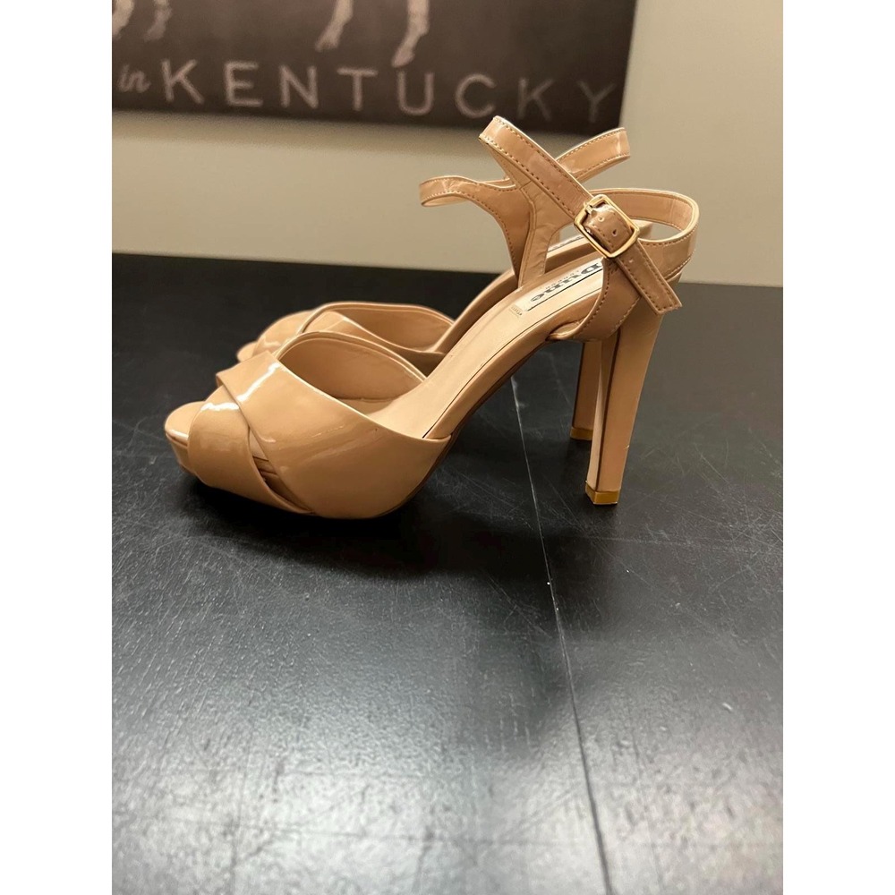 Dune London Women's Tan Patent Leather 4" Heeled Sandals Heels Shoes Size 38